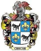 Escudo de armas de la familia Chac�n: Cuartelado, primero y cuarto, en campo de plata, un lobo andante de sable; segundo y tercero, en campo de azur, una flor de lis de oro